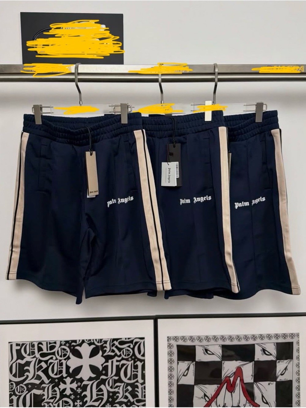 Palm Angels Navy Shorts with Cream Side Stripes